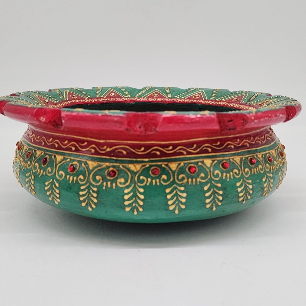 Indian Terracotta Uruli Bowl Emerald Green Colorful Jeweled Bohemian Decor 9" Bo - Picture 3 of 12